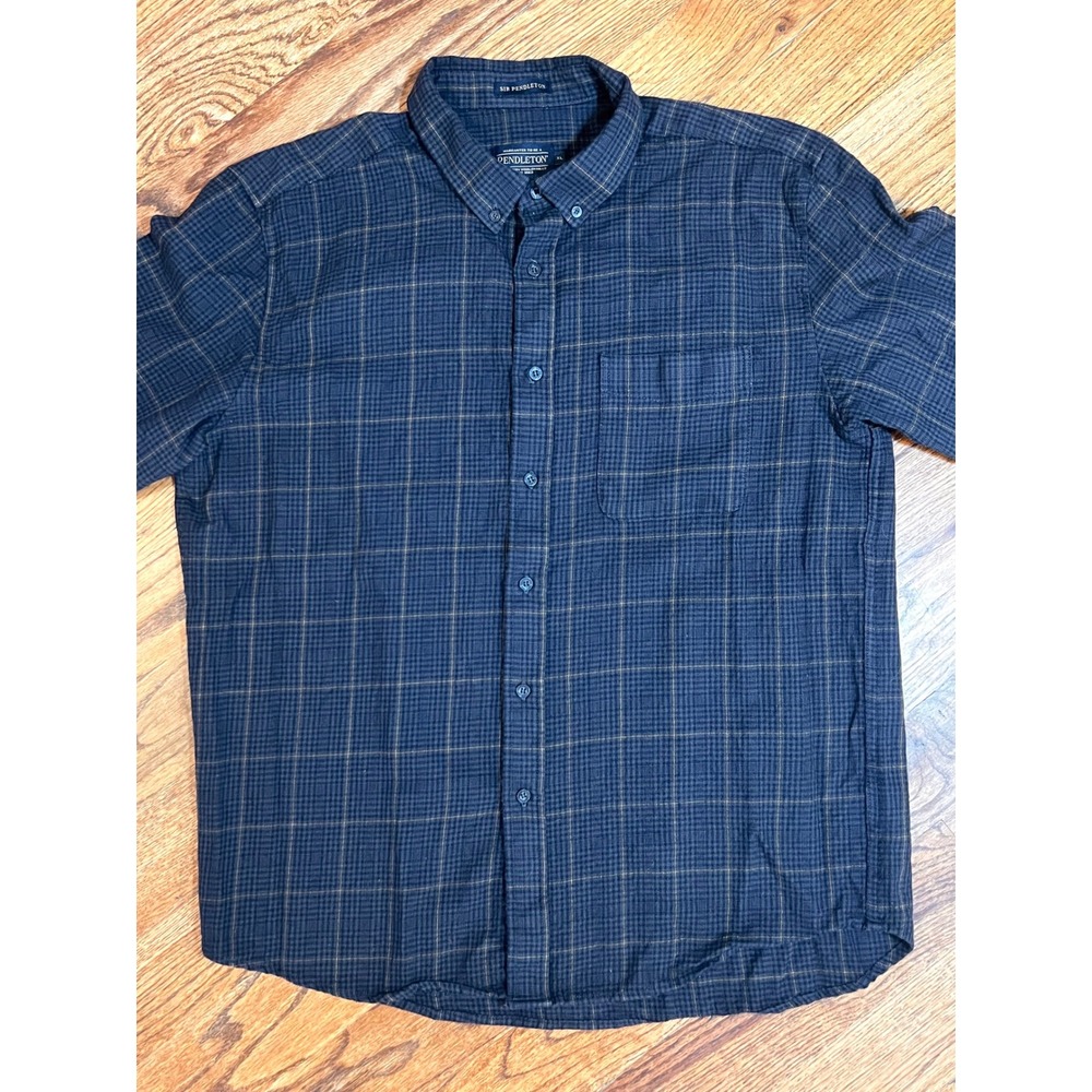 Sir Pendleton Wool‎ Plaid Button Down Shirt Mens XL Navy Blue Yellow Long Sleeve